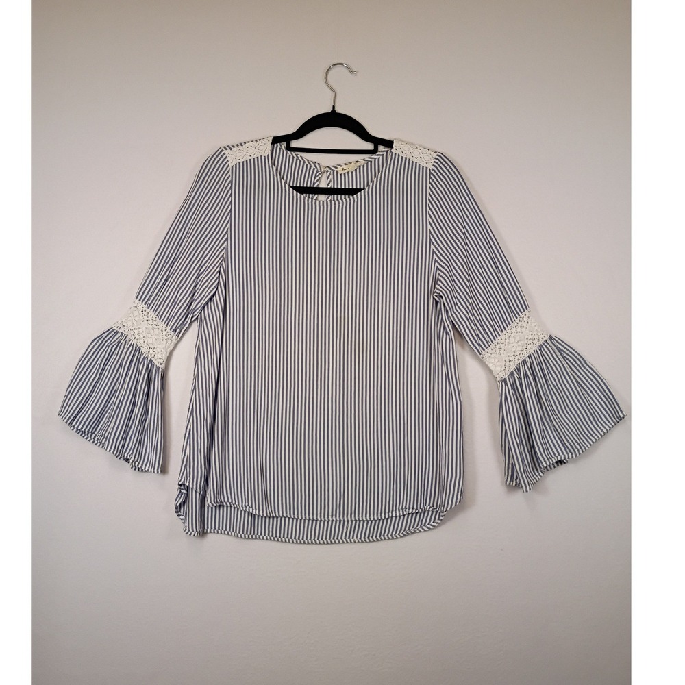 Boho Coastal Jane and Delancey Womens Medium Blue White Striped Bell Sleeve Top